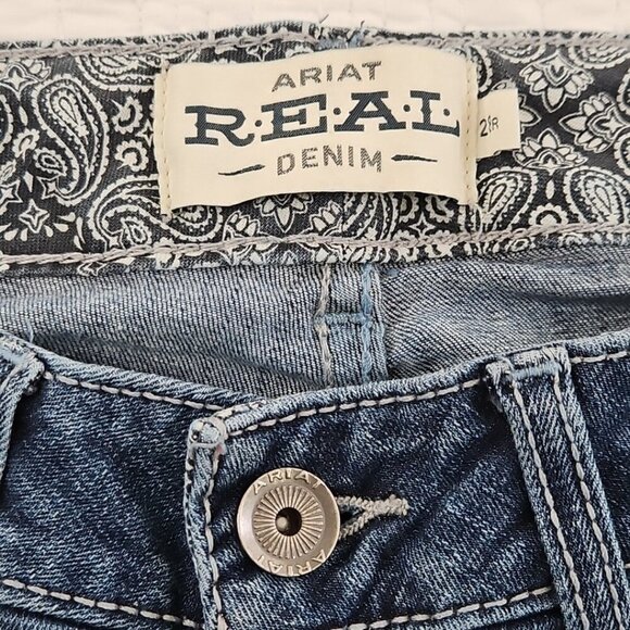 Ariat Real Denim Women's Jeans Size 28R Med Wash Flair Leg Raw Hem Heavy Stitch - Picture 11 of 16